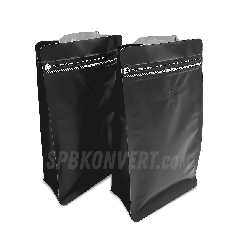 ПАКЕТ ДЛЯ 0.25 КГ КОФЕ 110+80х250 мм ЧЕРНЫЙ с клапаном дегазации | восьмишовный K110+80х250/black - фото 35984