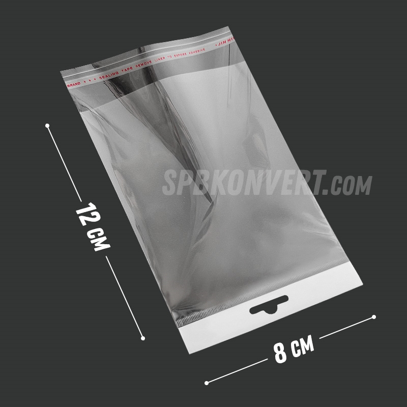 БОПП ПАКЕТ 8х12+3 см С ЕВРОПОДВЕСОМ | 25 мкм | клеевой клапан PE8/12