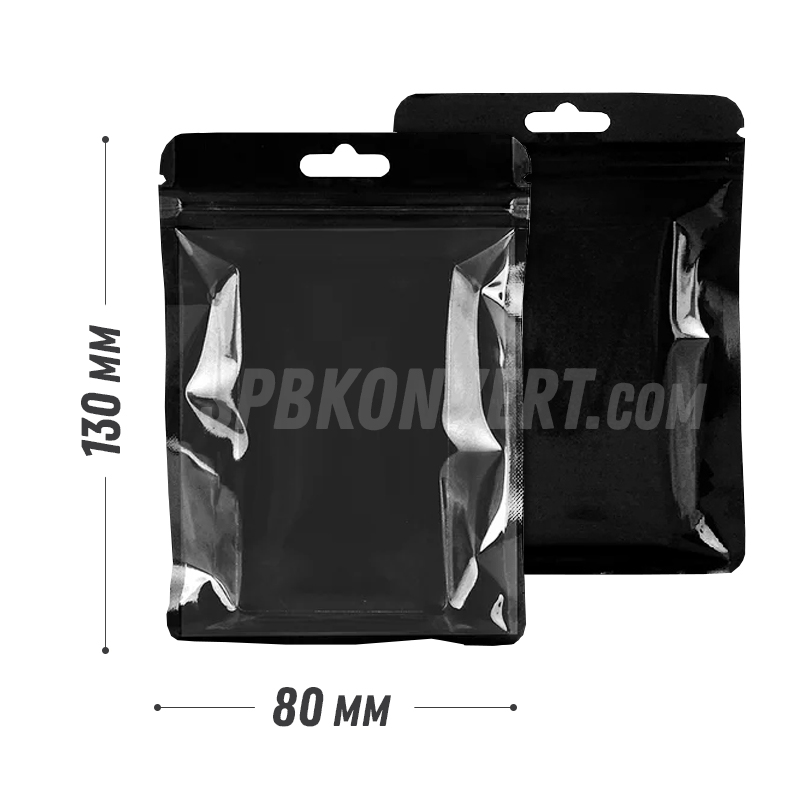 ZIP-LOCK ПАКЕТ 80х130 мм С ПРОЗРАЧНОЙ СТОРОНОЙ | черный с европодвесом SP8/13-B SP8/13-B